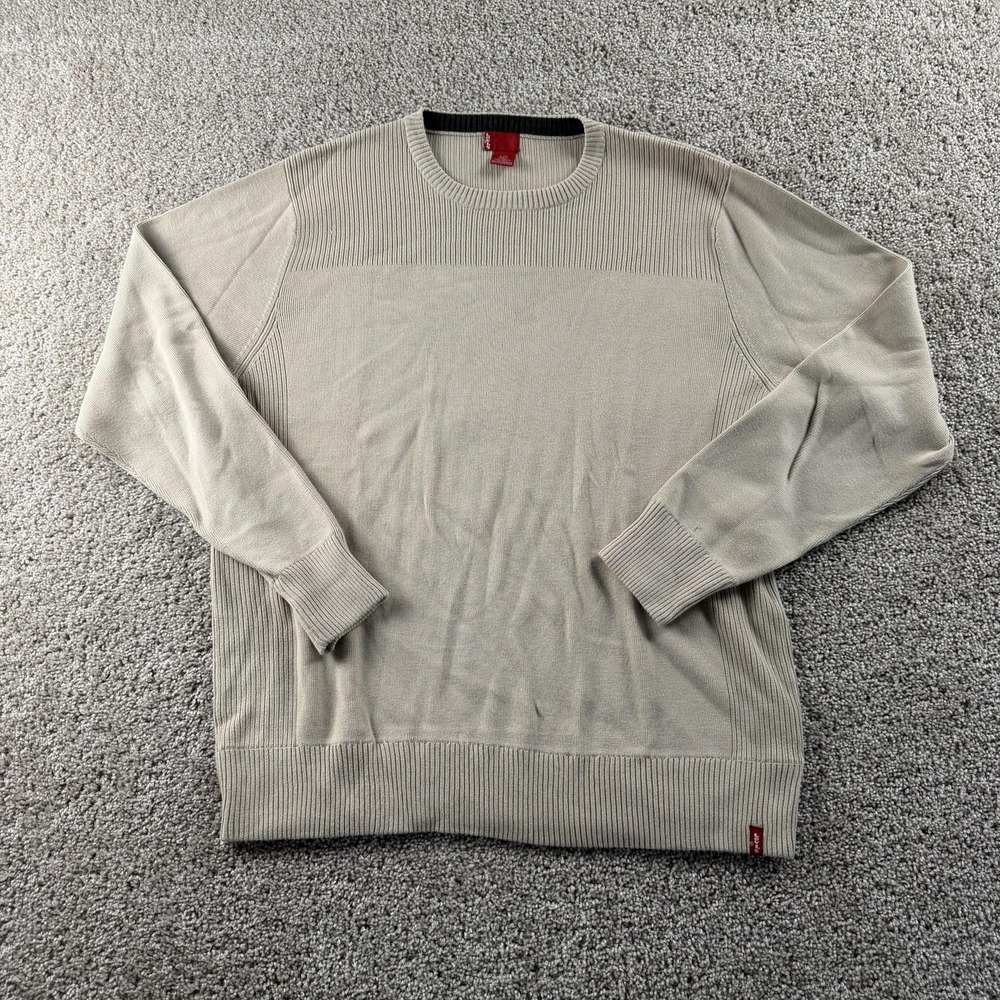 Y2K Levi's Sweater Mens Large Beige Cotton Tight Knit Crewneck Pullover Logo